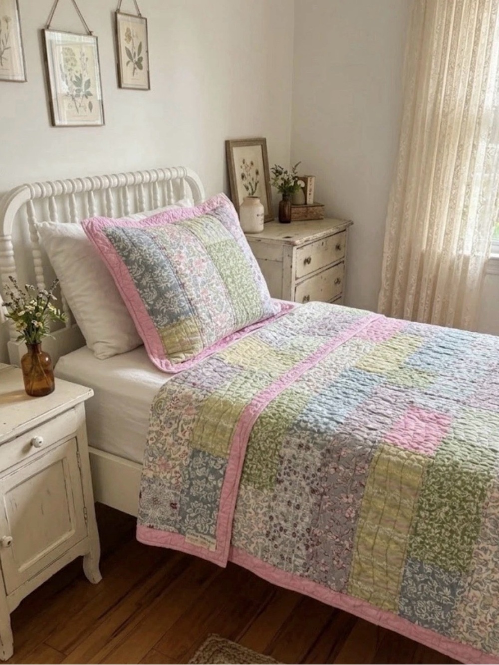 Vintage Pottery Barn Kids Pastel Bella Floral Patchwork Quilt & Sham Set Twin